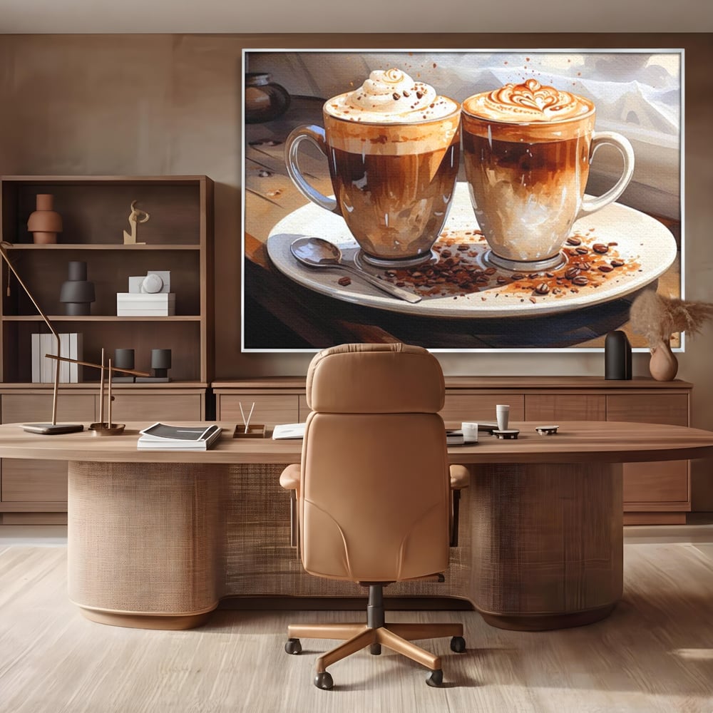 Tablou canvas cu tablou canvas cu cesti de cafea, in rama de aluminiu argintiu, pe perete intr-un birou